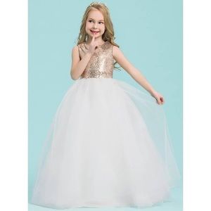 Girls Gold/White Tull Floor Length Dress
